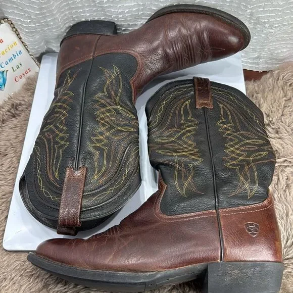 (F) Ariat Men's Comeback Round Toe Western Boots Brown & Black 10016364 - Picture 9 of 15